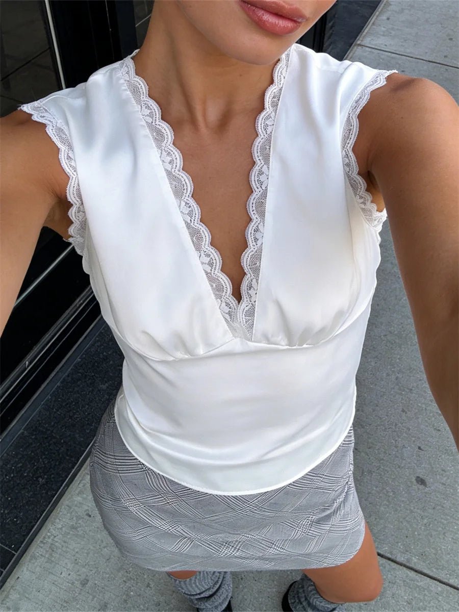 SOERA Francesca Deep Neck Satin Top - Tops - 1005011589146009-;bo1770793334356850224 White M