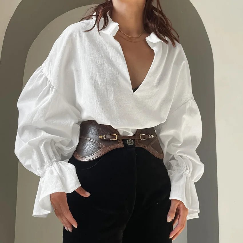 SOERA Vivian V-Neck Puff Long Sleeve Blouse - Tops - 1005011795904064-;Pf1776154513968637042 S